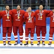 GANGNEUNG, SOUTH KOREA - FEBRUARY 25: Artyom Zub #2, Vladislav Gavrikov #4, Ivan Telegin #7, Sergei Mozyakin #10, Sergei Andronov #11, Pavel Datsyuk #13 and Sergei Kalinin #21 of the Olympic Athletes from Russia are all smiles after receiving their gold medals following a 4-3 overtime win against Germany in the gold medal game at the PyeongChang 2018 Olympic Winter Games. (Photo by Andre Ringuette/HHOF-IIHF Images)

